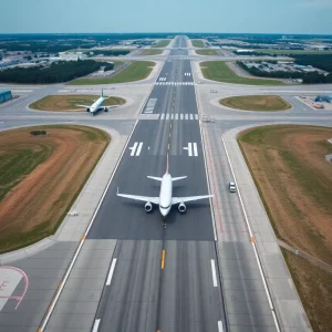 Aerial view of Logan International Airport surrounded by vehicles and planes, highlighting safety protocols.
