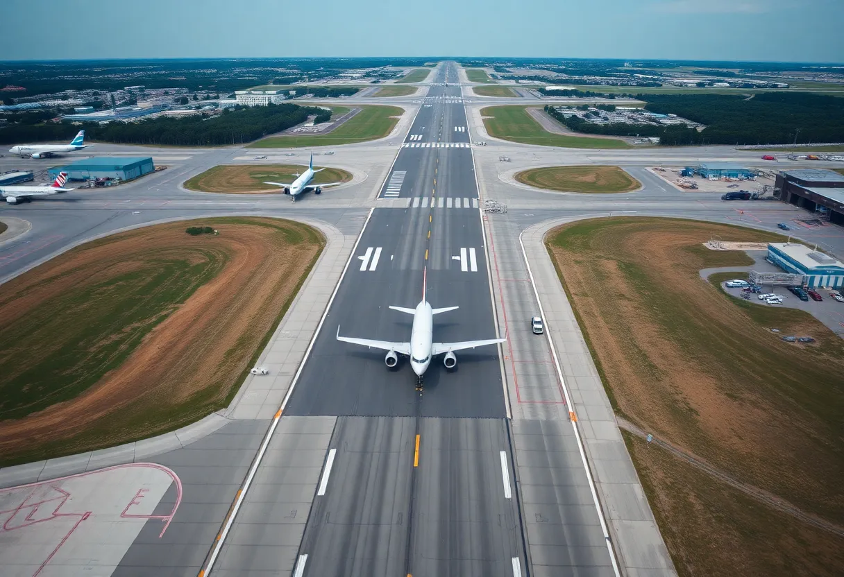 Aerial view of Logan International Airport surrounded by vehicles and planes, highlighting safety protocols.