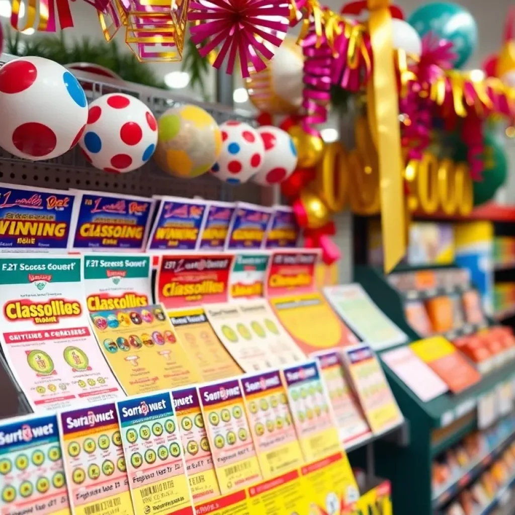 Colorful display of lottery scratch-off tickets and decorations in a store.
