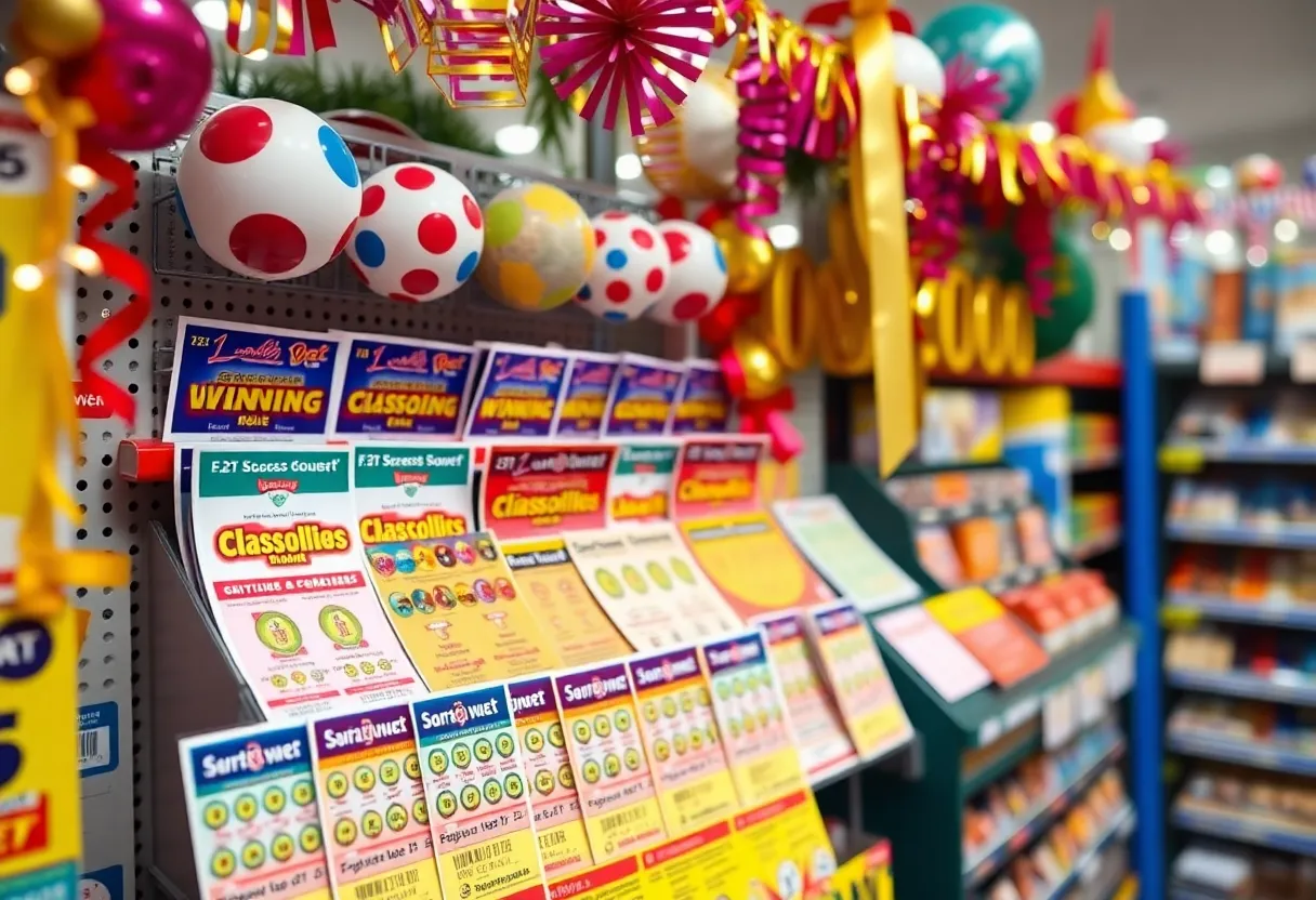Colorful display of lottery scratch-off tickets and decorations in a store.