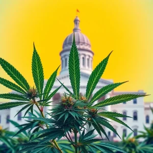 Abstract representation of cannabis plants with Massachusetts State House
