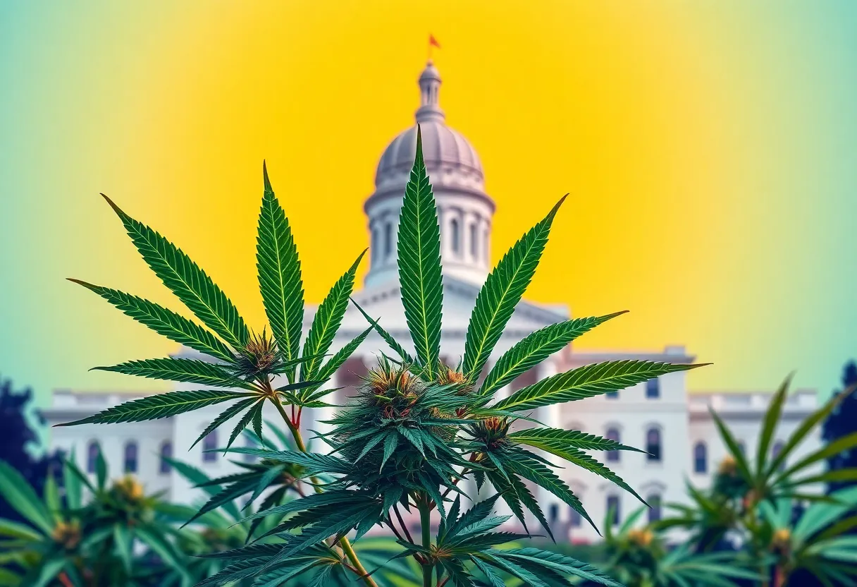 Abstract representation of cannabis plants with Massachusetts State House