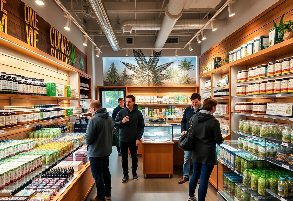 A busy cannabis retail shop in Massachusetts with customers and products.
