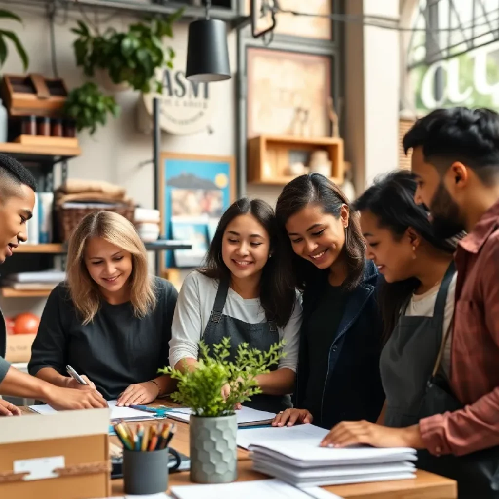 Diverse group of employees working together in a small business setting.