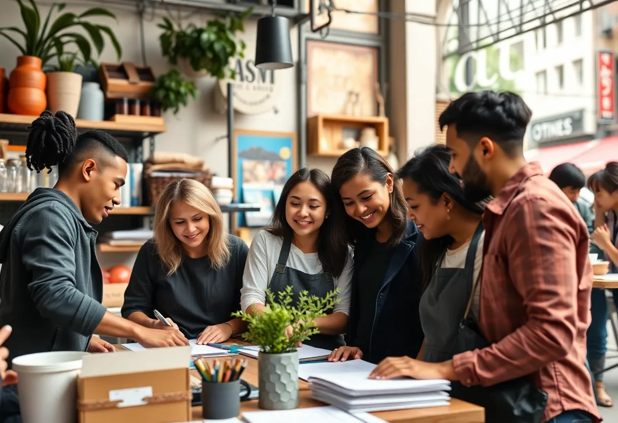 Diverse group of employees working together in a small business setting.