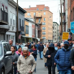 Crowded street in Massachusetts highlighting housing concerns
