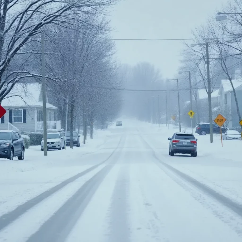 A suburban street in Massachusetts covered in snow during a snowstorm