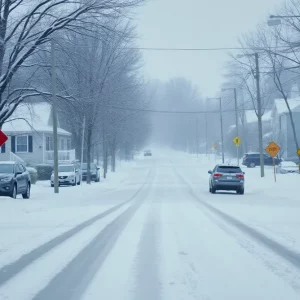 A suburban street in Massachusetts covered in snow during a snowstorm