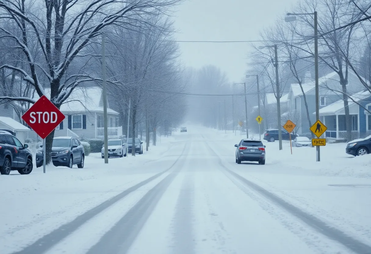 A suburban street in Massachusetts covered in snow during a snowstorm