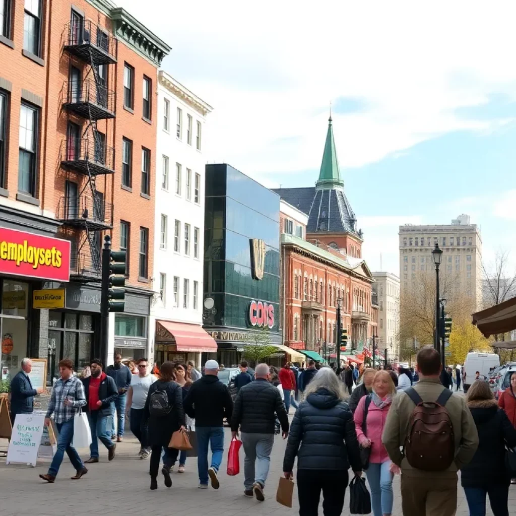 A busy Massachusetts downtown area symbolizing job opportunities and unemployment services.