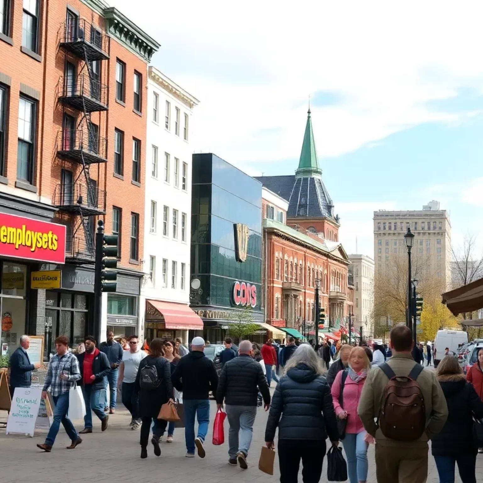 A busy Massachusetts downtown area symbolizing job opportunities and unemployment services.
