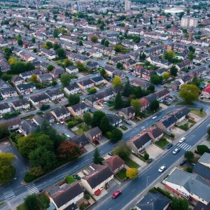 Suburban neighborhood showcasing mixed housing near public transport