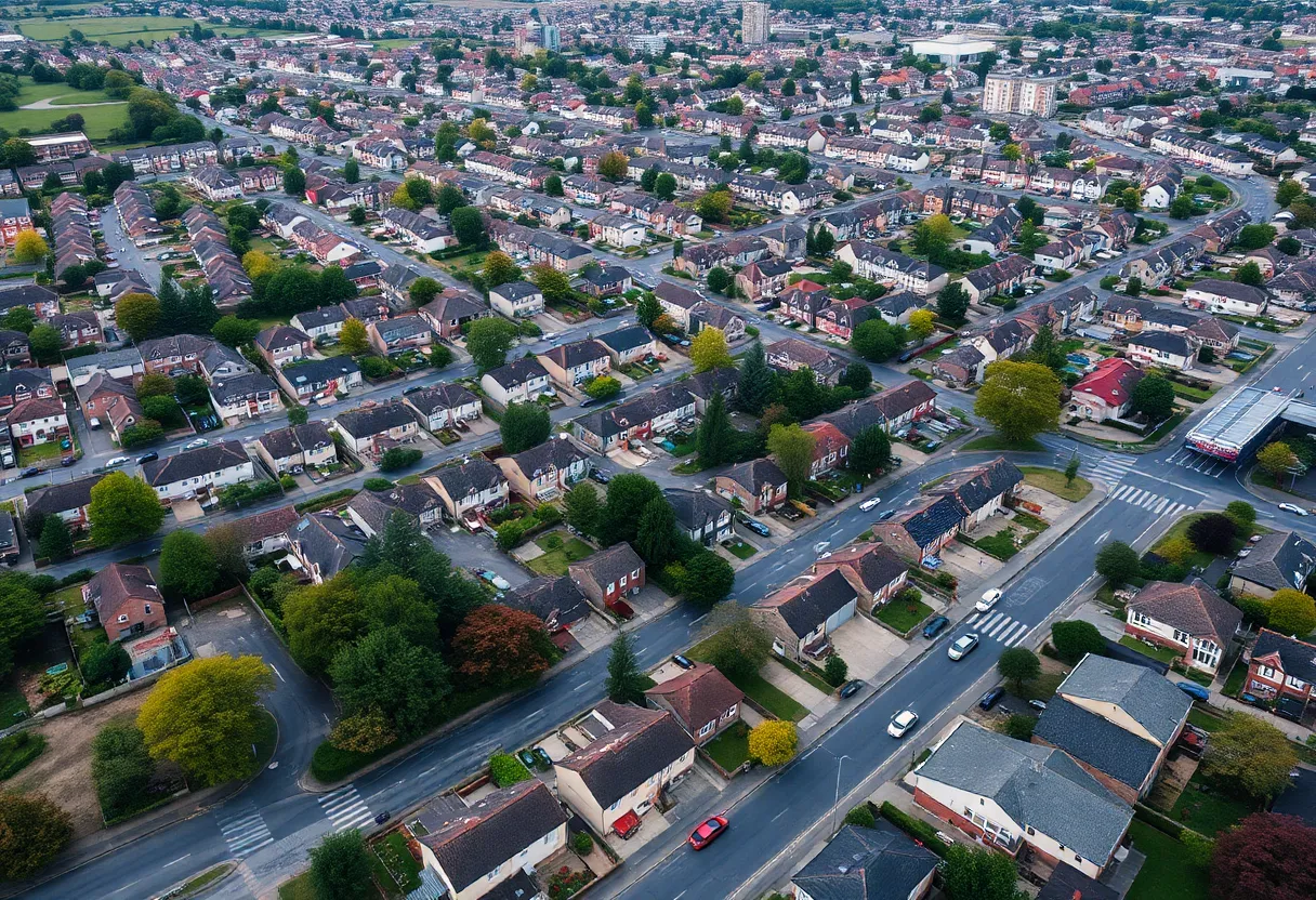 Suburban neighborhood showcasing mixed housing near public transport
