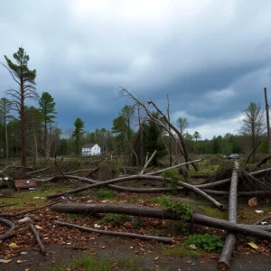 Storm damage in Massachusetts with fallen trees and debris.