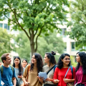 A diverse group of students on MIT campus collaborating in a lively atmosphere.