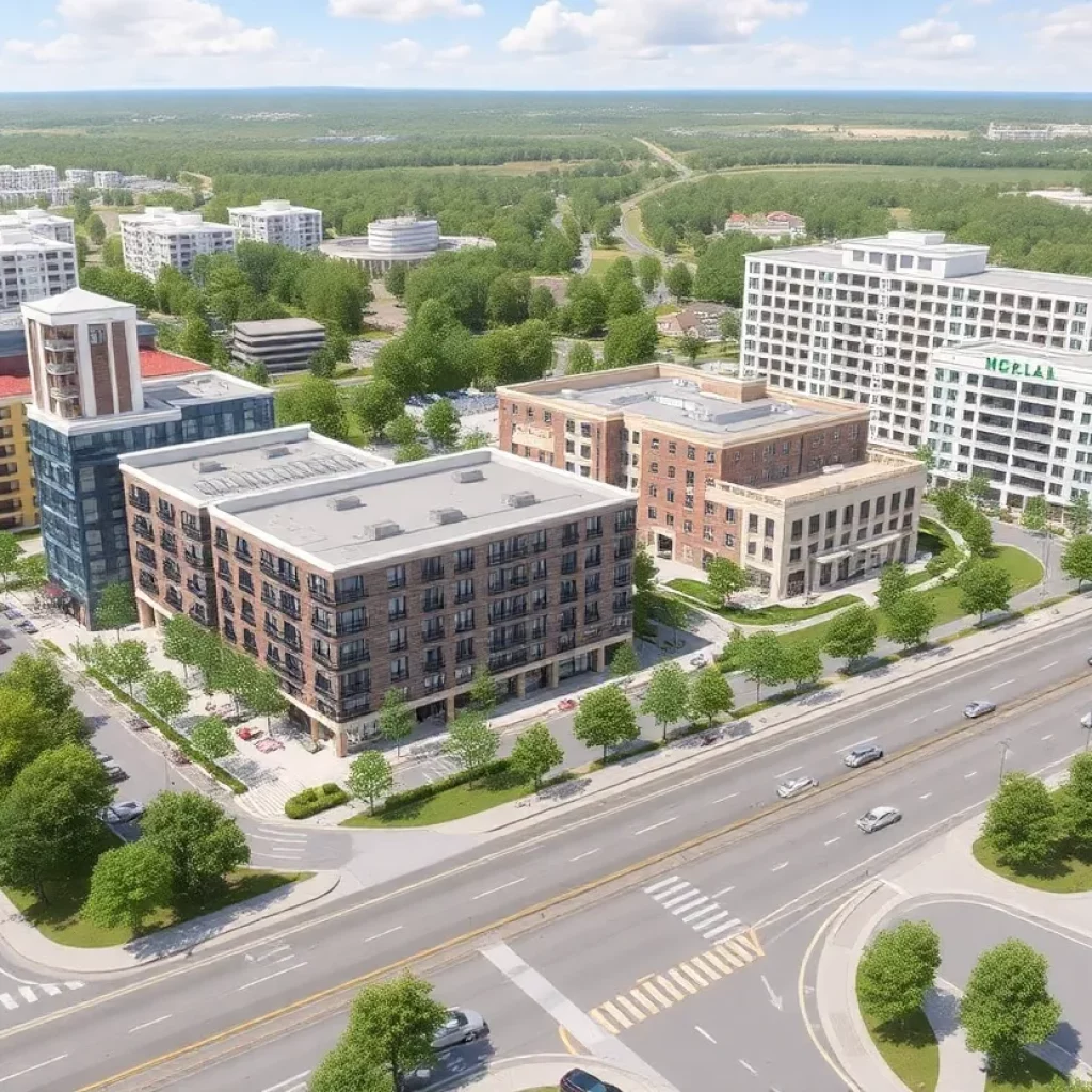 Conceptual image of a mixed-use development in Needham with housing, medical offices, and a hotel.