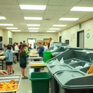 Students using reusable metal trays in a school cafeteria