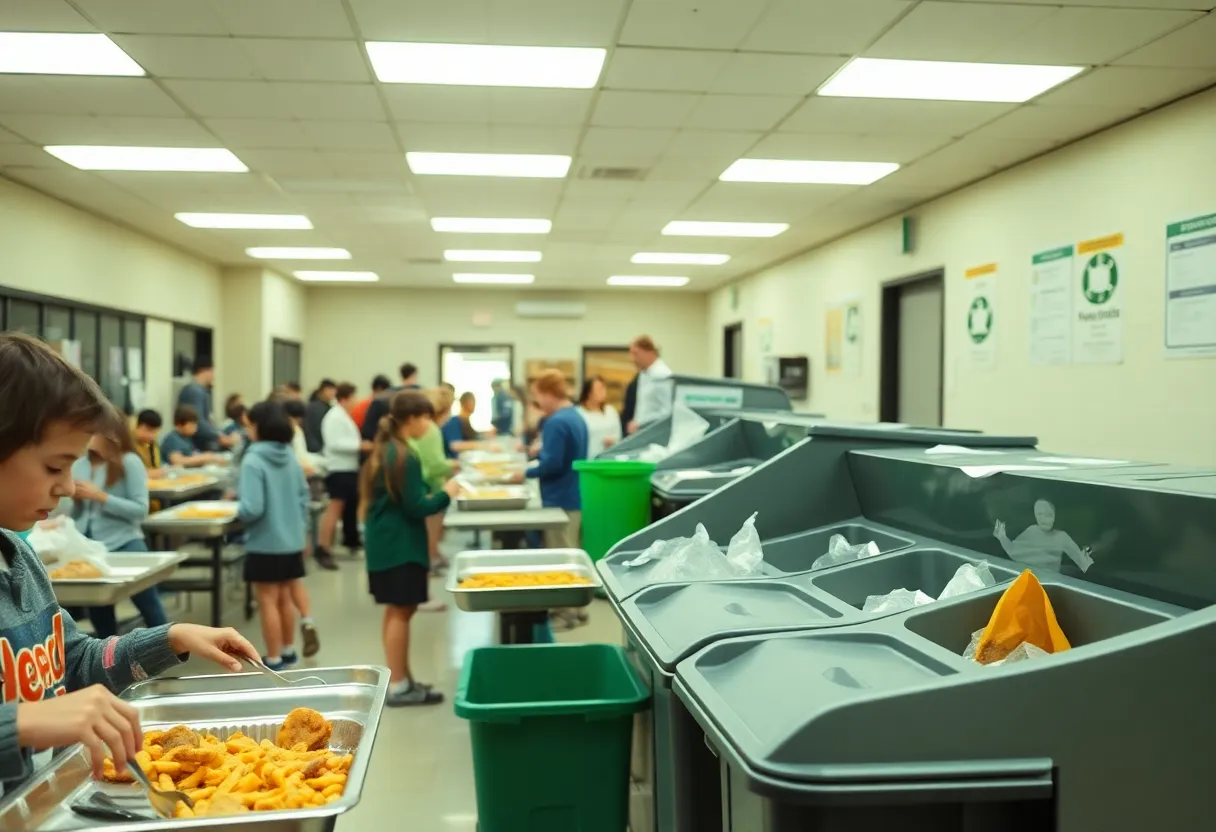 Students using reusable metal trays in a school cafeteria