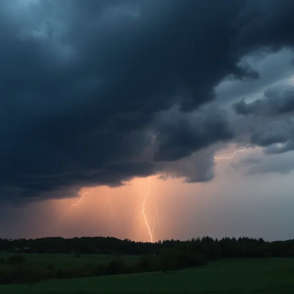 Dark storm clouds over New England landscape.