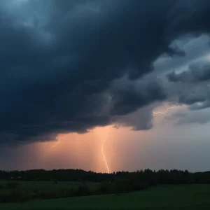 Dark storm clouds over New England landscape.