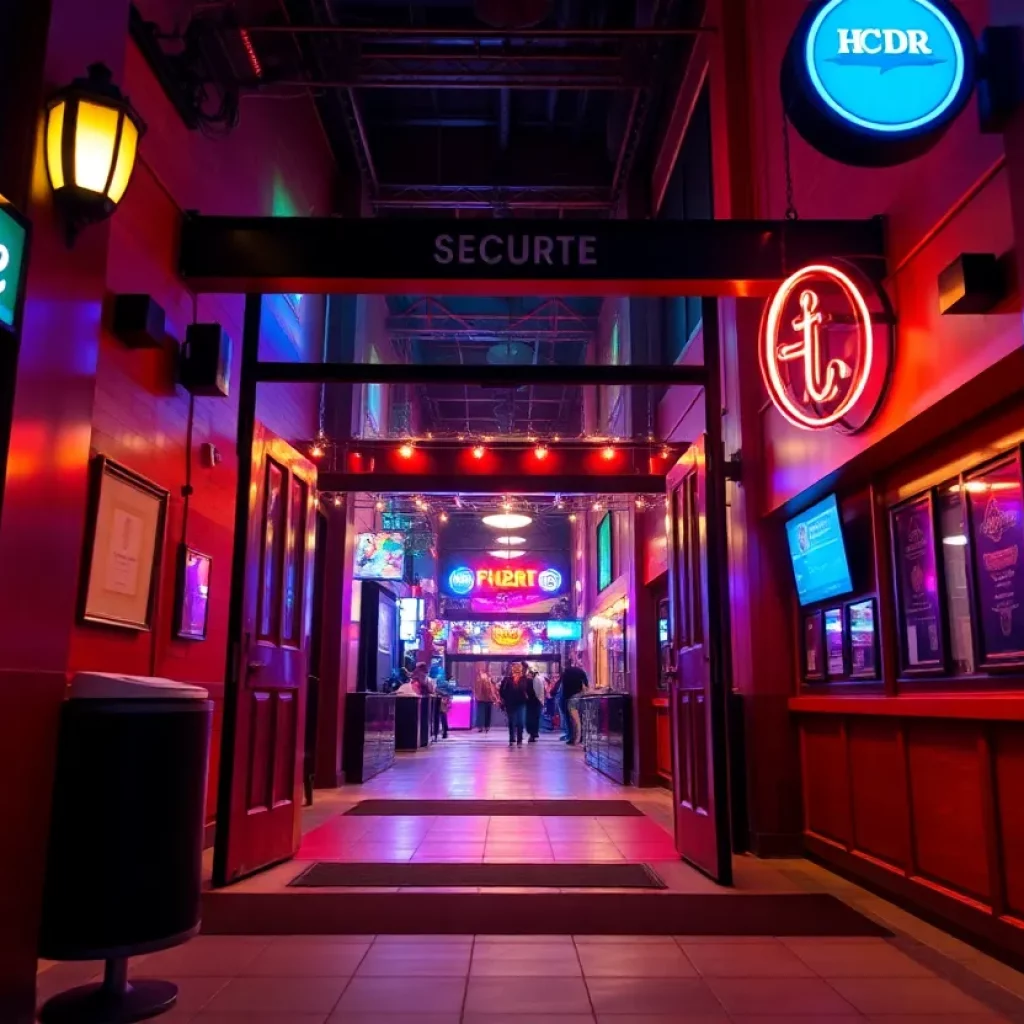 Entrance of a nightclub during night hours emphasizing security