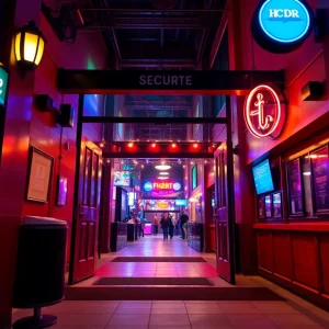 Entrance of a nightclub during night hours emphasizing security