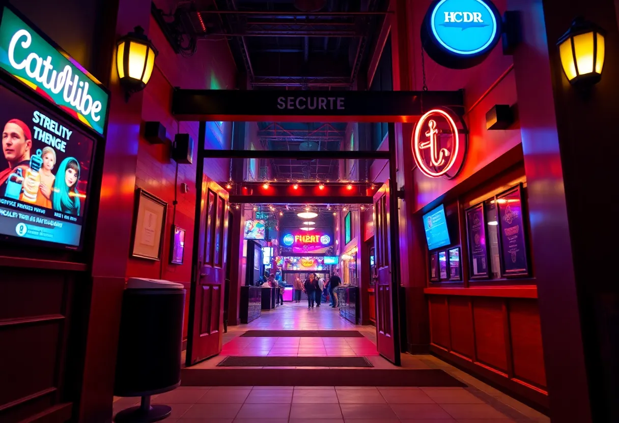 Entrance of a nightclub during night hours emphasizing security