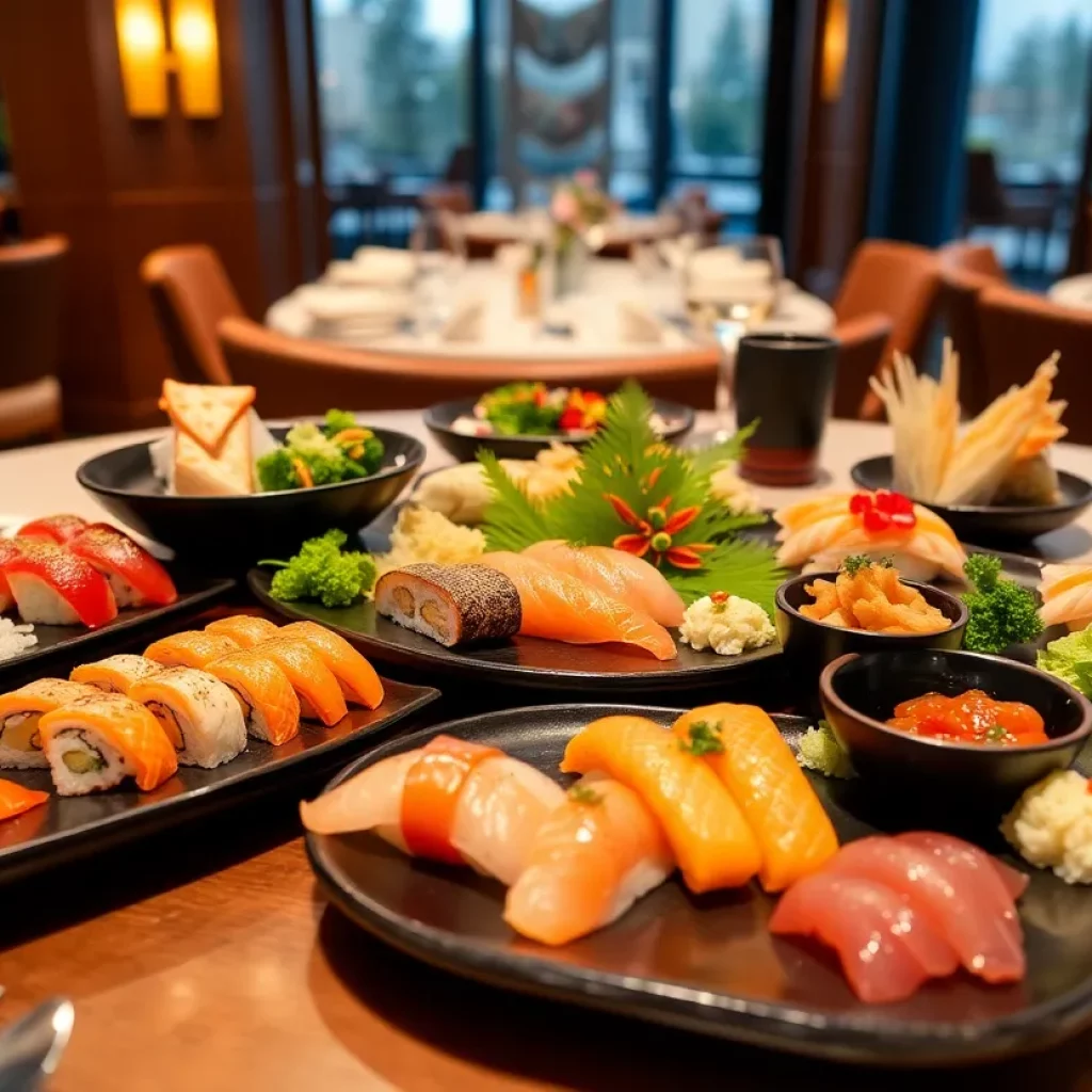 Plate of assorted sushi and Japanese dishes at Oya restaurant in Boston