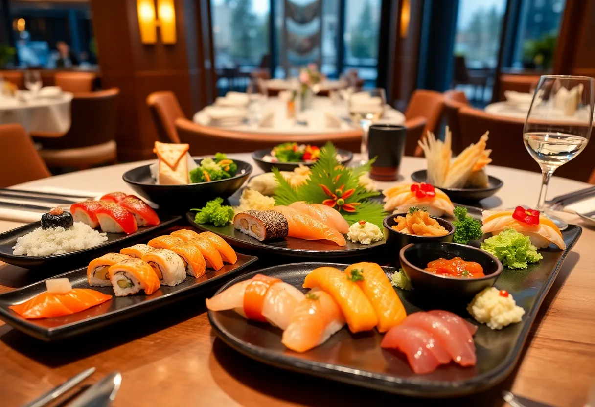 Plate of assorted sushi and Japanese dishes at Oya restaurant in Boston