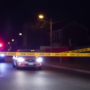 Crime scene in Dorchester with police lights and tape