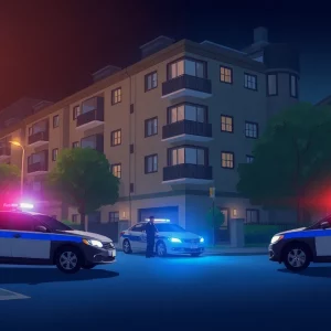 A police standoff scene outside a residential building in Boston