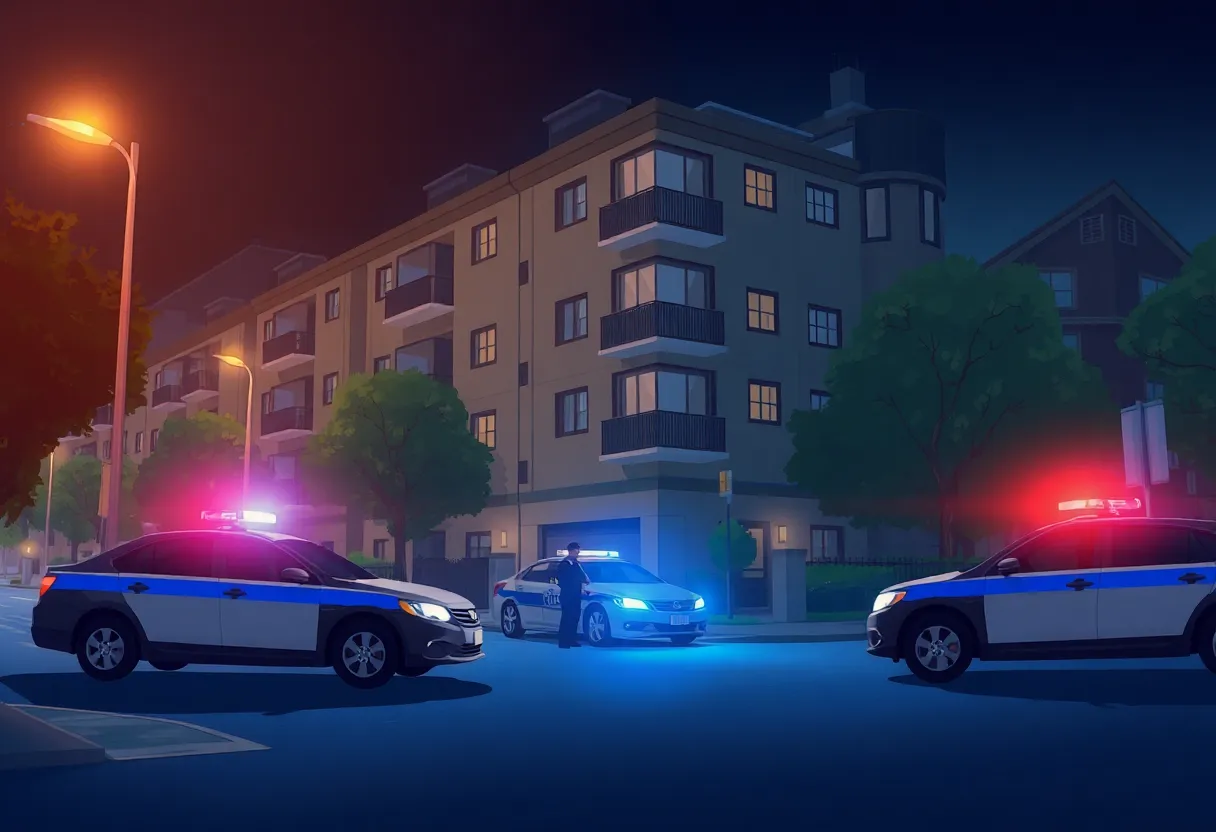 A police standoff scene outside a residential building in Boston