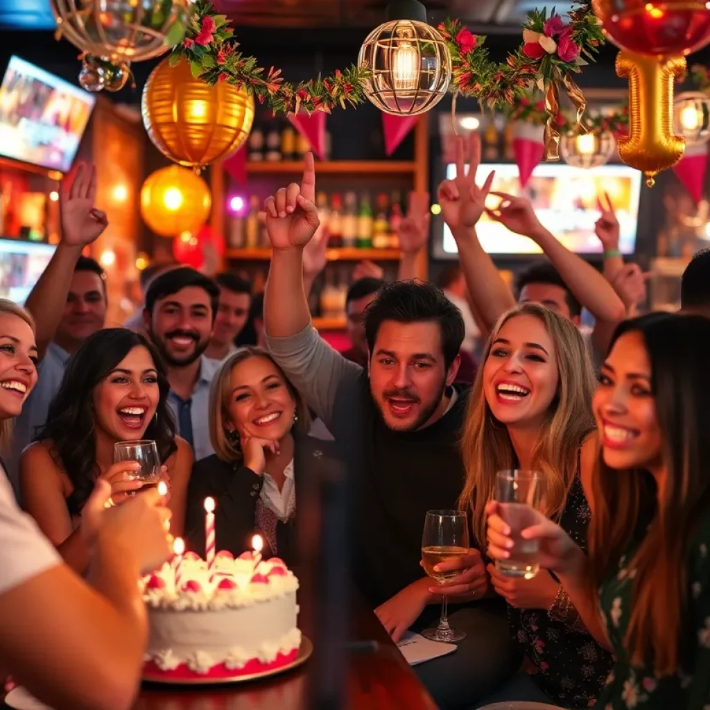 Patrons celebrating at a bar with festive decorations