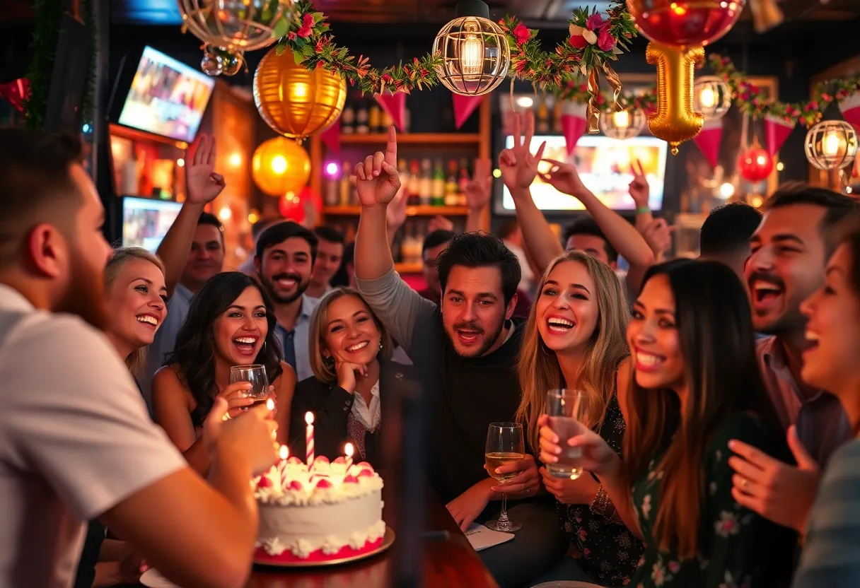 Patrons celebrating at a bar with festive decorations