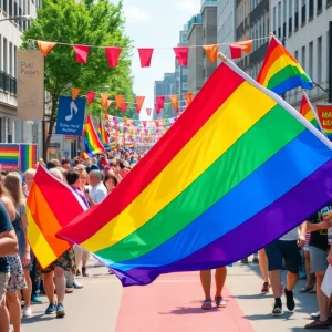 Boston Pride Month celebration with rainbow flags and participants