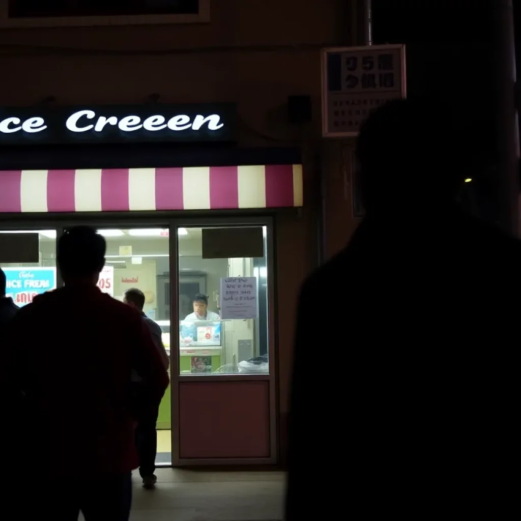 Scene depicting the aftermath of an assault outside a public ice cream shop.