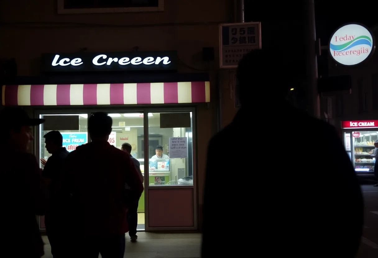 Scene depicting the aftermath of an assault outside a public ice cream shop.
