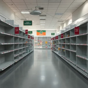 Empty pharmacy aisle due to Rite Aid store closure