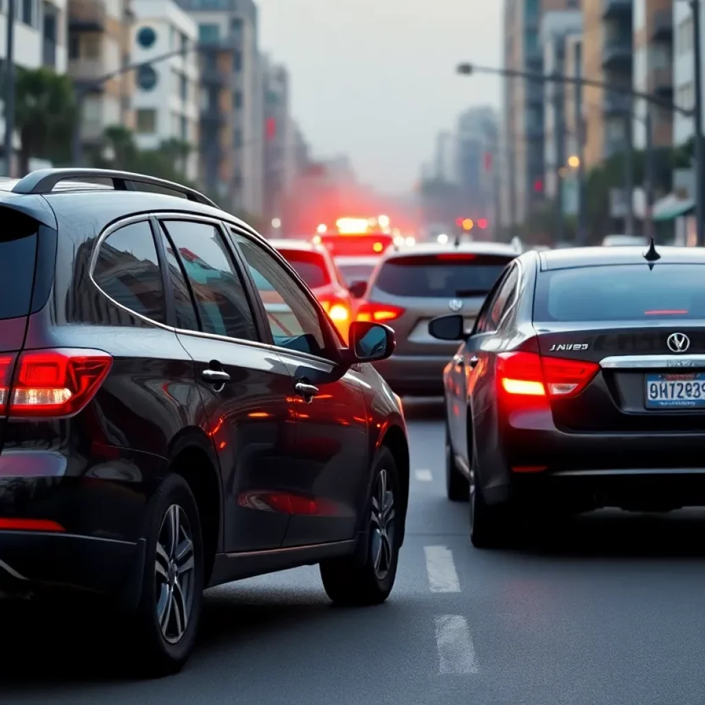A depiction of urban road rage with vehicles in a confrontational scenario.