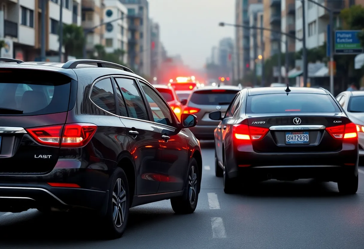 A depiction of urban road rage with vehicles in a confrontational scenario.