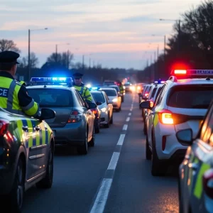 Police sobriety checkpoint with vehicles on a road at night