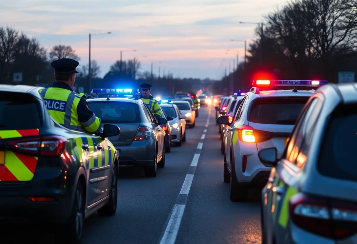 Police sobriety checkpoint with vehicles on a road at night