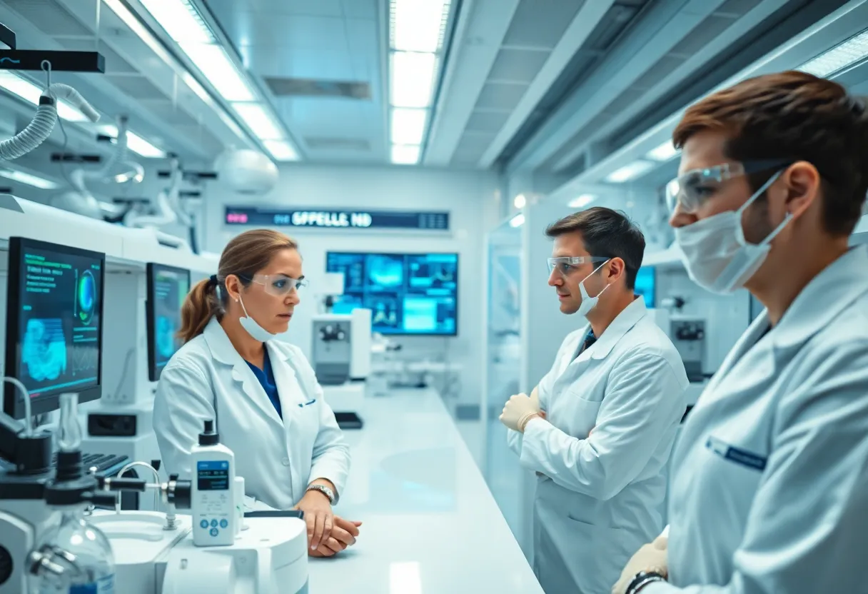 Scientists conducting research on stem cell treatments for diabetes in a modern laboratory.