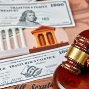 Illustration depicting the theme of tax refund fraud with Treasury checks and a courtroom