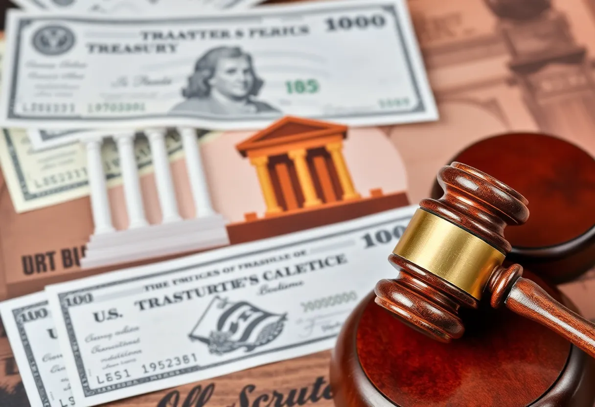 Illustration depicting the theme of tax refund fraud with Treasury checks and a courtroom