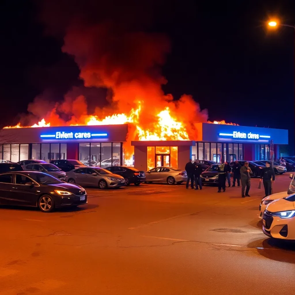 Burning Tesla dealership with damaged vehicles