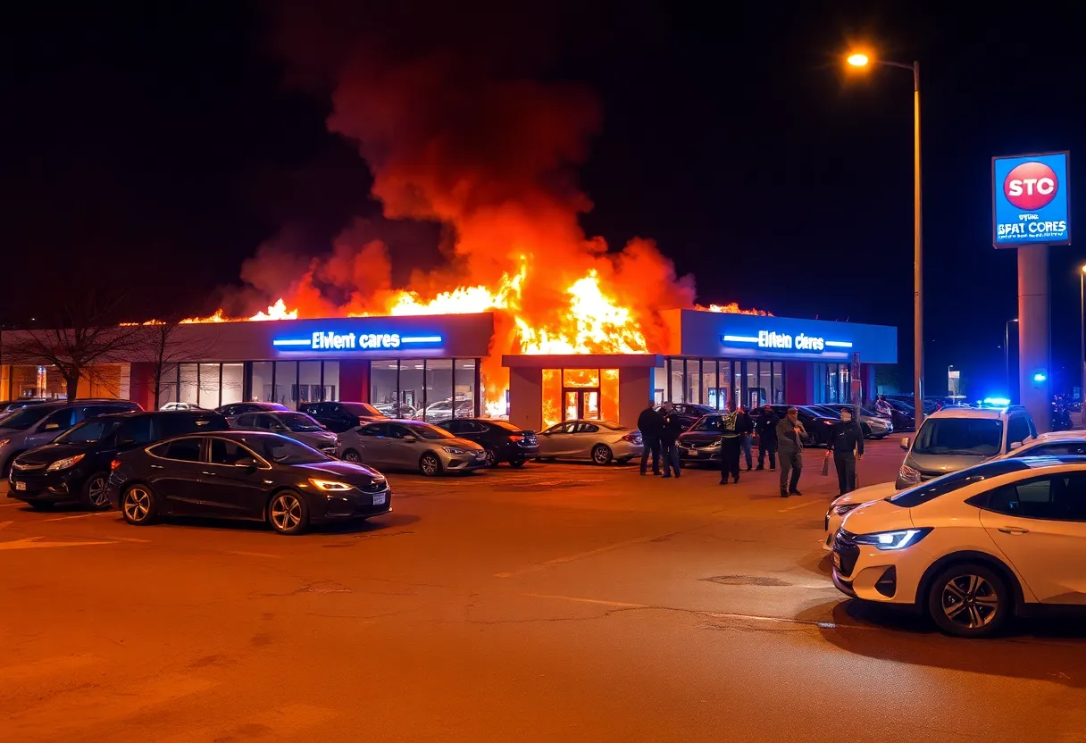 Burning Tesla dealership with damaged vehicles