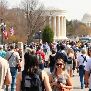 Tourists in Washington D.C. visiting iconic monuments.