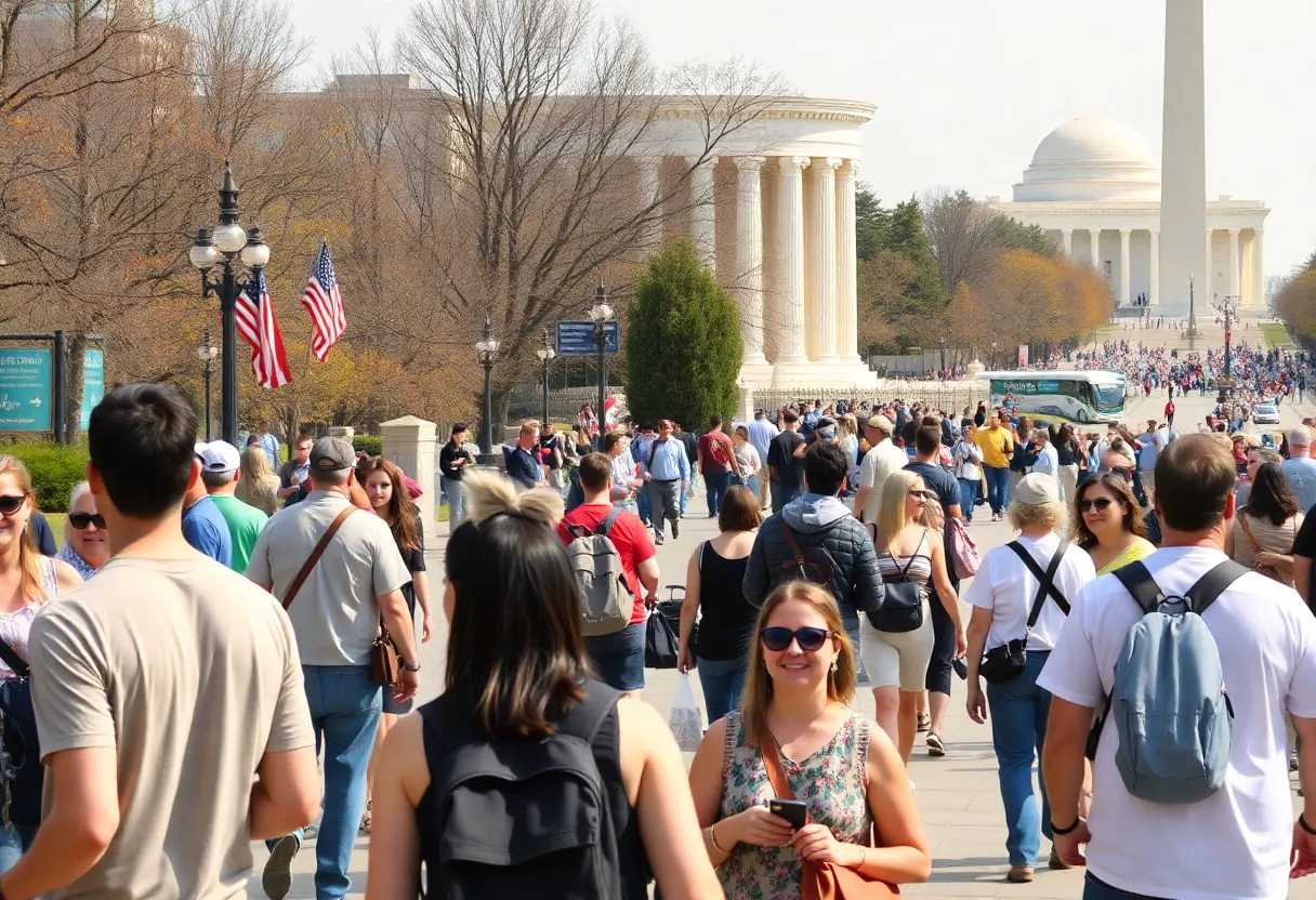 Tourists in Washington D.C. visiting iconic monuments.