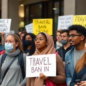 Group protesting against the travel ban with emotional expressions